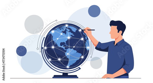 Global connection concept illustration man with a world globe and network lines representing