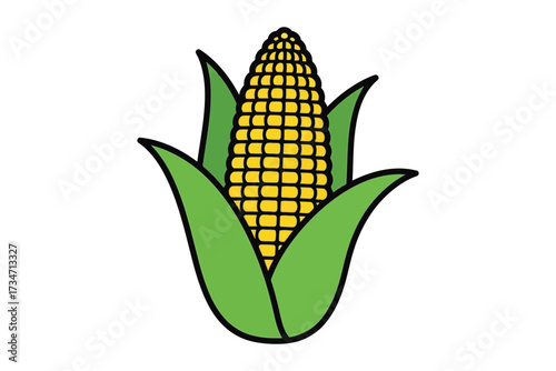 Vector art of yellow corn cob with green leaves for agriculture, harvest, autumn, food, vegetable, and healthy eating concepts