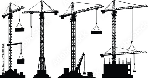 Silhouette construction cranes lifting heavy loads on building site, industrial tower cranes working in urban development, vector illustration for design.