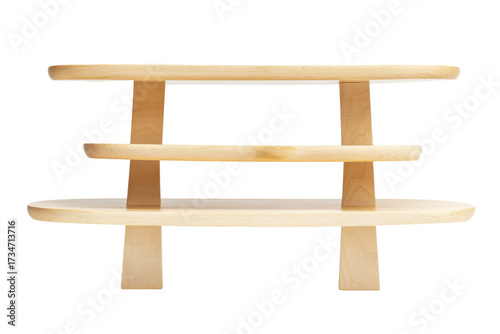 Rustic wooden three tier display shelf isolated on transparent background