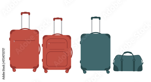 Four assorted luggage pieces including red and teal suitcases and duffel bag for travel Flat design vector illustration white background.