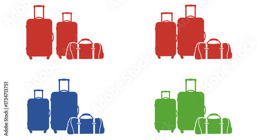Colorful luggage sets red blue and green travel bags and suitcases for trips holiday adventures Flat design vector illustration white background.