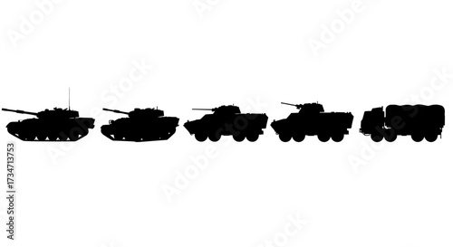 Silhouette collection of military vehicles including tanks and trucks for graphic design projects Flat design vector illustration white background.