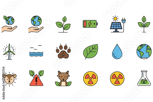Vector art of ecology and environment icon set vector illustration of nature conservation, renewable energy, and sustainable development for a greener future
