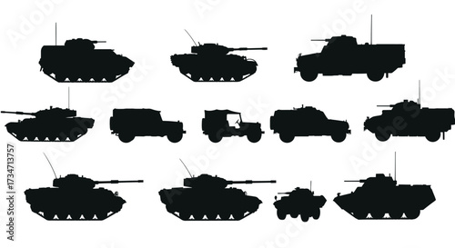 Collection of military vehicle silhouettes including tanks and trucks for graphic design projects Flat design vector illustration white background.