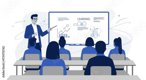 Illustration of a business education seminar with presentation of data analysis results and