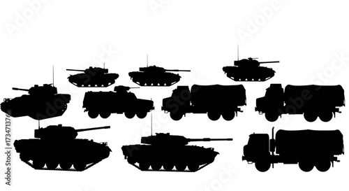 Collection of silhouette military tanks and trucks for warfare and transportation themes Flat design vector illustration white background.