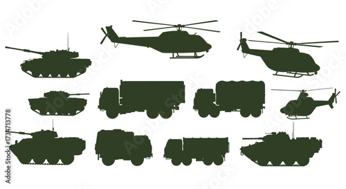 Diverse military vehicles and aircraft collection for design and projects Flat design vector illustration white background.