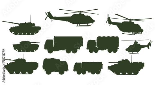 Collection of military vehicles including tanks helicopters and trucks with a clean Flat design vector illustration white background.