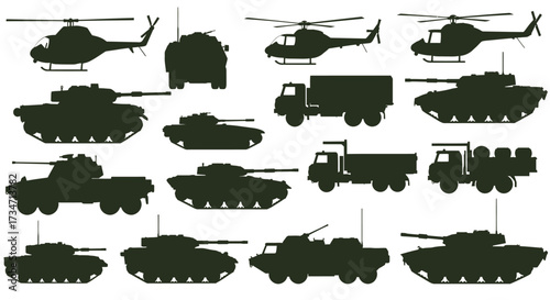 Collection of silhouetted military vehicles including helicopters tanks and trucks ready for action Flat design vector illustration white background.