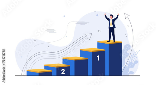 Illustration of a businessman celebrating success on a podium reaching number one success with