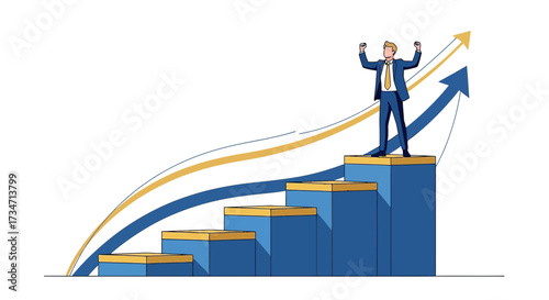 Illustration of a businessman celebrating success on a rising graph concept, signifying growth and