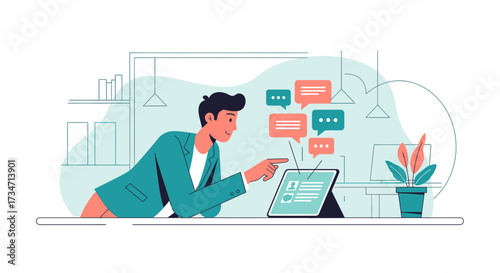 Illustration of a businessman using a tablet for communication and online messages depicting