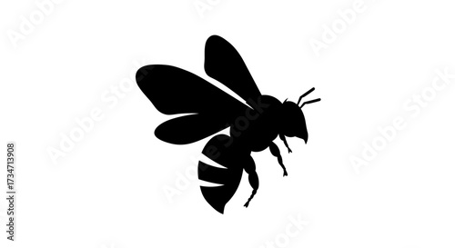 Silhouette of a flying bee with striped abdomen and translucent wings in dynamic flight motion Flat design vector illustration white background.