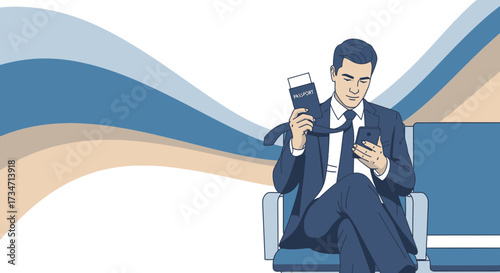 Illustration of a businessman using his phone with a passport while waiting at the airport lounge