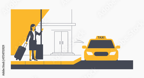 Illustration of a businesswoman hailing a taxi with luggage outside a building or hotel