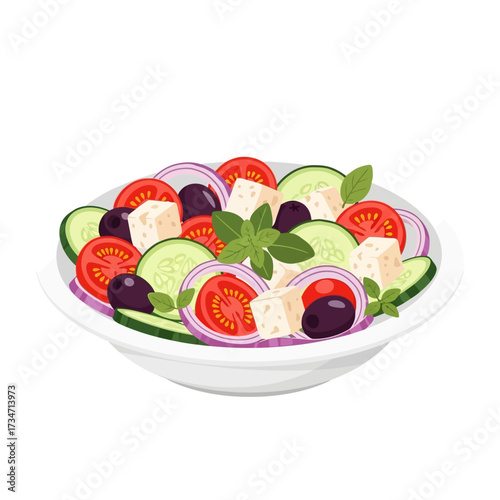 A vibrant and fresh Greek salad with tomatoes, cucumbers, feta cheese, olives, and red onions, garnished with basil in a white bowl.