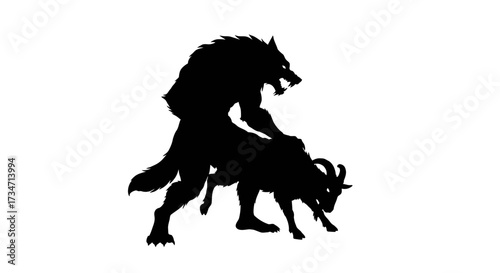 Dark silhouette of werewolf attacking goat mysterious mythological creature symbol Flat design vector illustration white background.