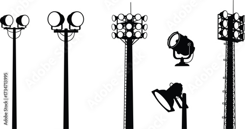 Silhouette illustration of outdoor floodlights, stadium light towers, and spotlights for sports arenas, concert stages, urban lighting, and architectural design