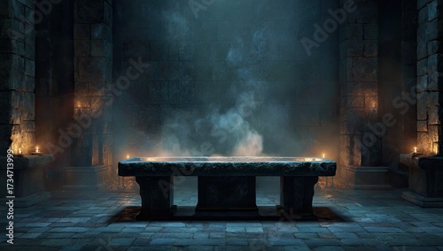 Dark, ancient stone altar in a dimly lit chamber