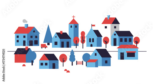 Charming village scene with colorful houses trees and a tall church steeple illustration Flat design vector illustration white background.