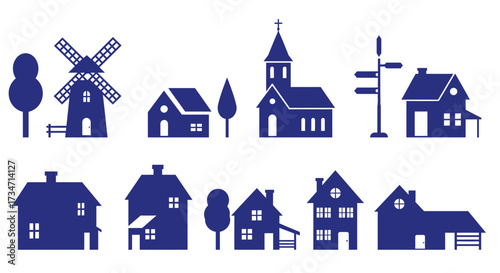 Charming silhouette village scene with windmill and church buildings for rural ambiance Flat design vector illustration white background.