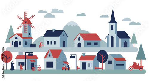Charming cartoon village scene with windmill church and cozy houses full of life Flat design vector illustration white background.