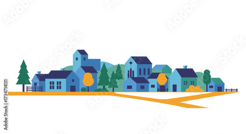 Charming village scene with blue houses trees and warm lights on a bright day Flat design vector illustration white background.