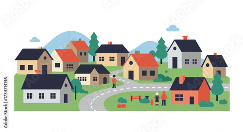 Charming cartoon village scene with diverse houses and green landscapes under a blue sky Flat design vector illustration white background.