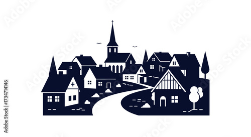 Charming village scene with winding road and church steeple a picturesque rural landscape Flat design vector illustration white background.