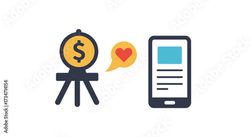 Money goal achieved with mobile app notification love icon success celebration Flat design vector illustration white background.