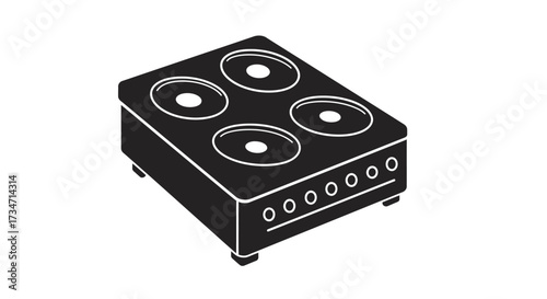 Simple graphic representation of a black electric stovetop with four burners and control knobs Flat design vector illustration white background.
