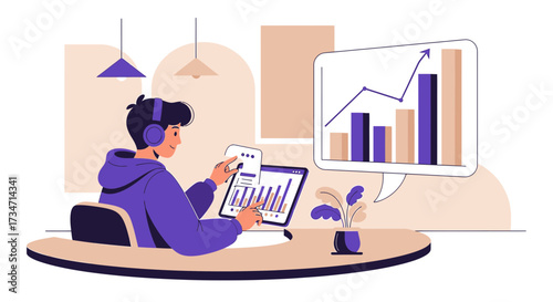 Illustration of a man analyzing financial data with positive trend chart on screen