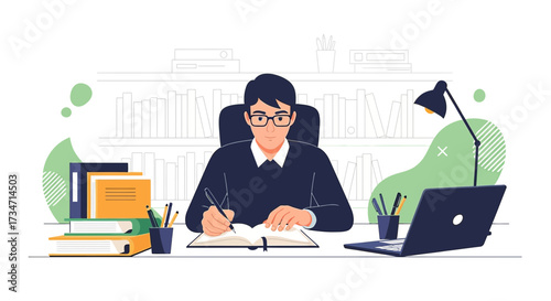 Illustration of a man working from home, studying or writing with desk and books