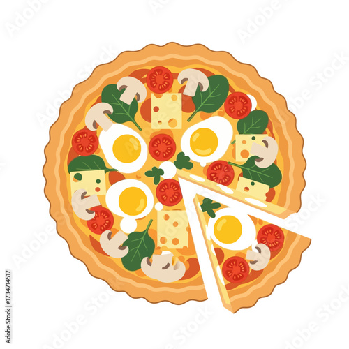 Top-down view of a savory tart or quiche with eggs, cheese, tomatoes, mushrooms, and spinach, with one slice removed.