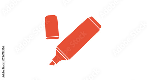 Bright orange highlighter pen and cap isolated on white simple office stationery tool Flat design vector illustration white background.