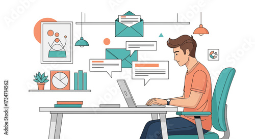 Illustration of a man working on a laptop with email notifications and workspace