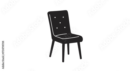 Elegant black dining chair with button tufted back and white trim accents stylish seat Flat design vector illustration white background.