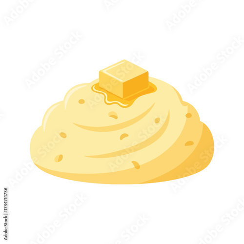 Illustration of mashed potatoes with a melting butter cube on top, isolated on white.