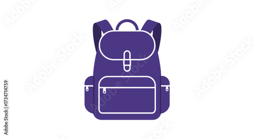 Modern dark purple backpack with front pocket and straps icon for outdoor adventures and travel Flat design vector illustration white background.