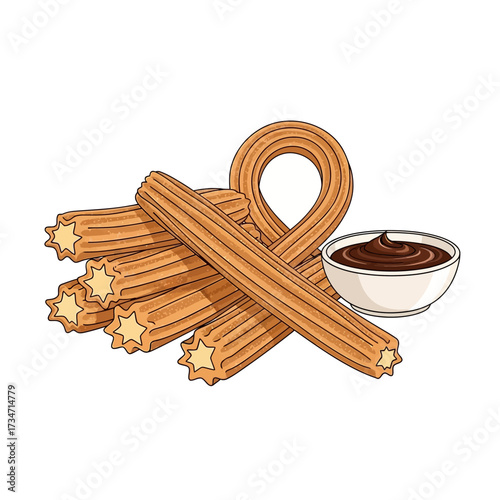 A delicious pile of golden-brown, star-shaped churros served with a side of rich chocolate dipping sauce, isolated on a white background.