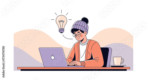 Illustration of a person working on a laptop with a light bulb idea concept illustration