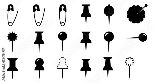 Collection of diverse thumbtacks push pins safety pins and drawing pins office supplies iconography Flat design vector illustration white background.