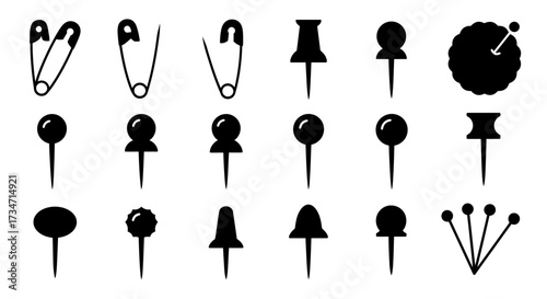 Collection of various pins including safety pins and push pins for office and crafting Flat design vector illustration white background.