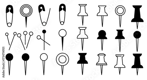 Collection of various pins and needles hand-drawn icons for office supplies and crafting projects Flat design vector illustration white background.