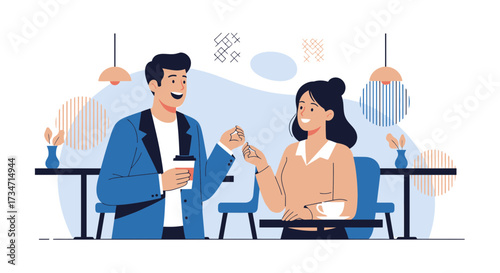 Illustration of a smiling couple enjoying coffee and conversation in a cafe setting