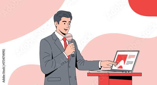 Illustration of a speaker giving a presentation with microphone and laptop on podium
