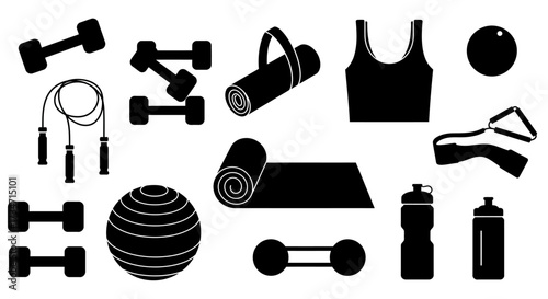 Collection of fitness gear and workout equipment silhouettes for health and wellness training Flat design vector illustration white background.