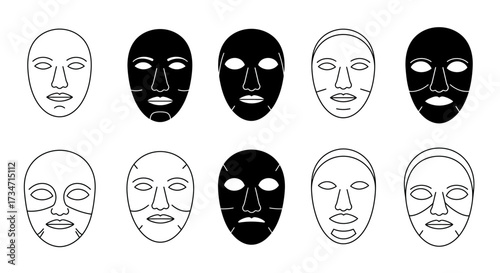Abstract human face masks collection diverse expressions and styles artistic representation of identity Flat design vector illustration white background.