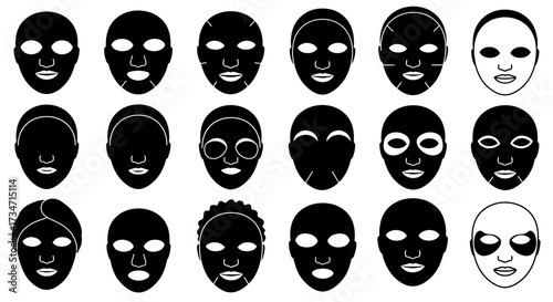 Collection of diverse expressive faces and masks for creative projects and designs Flat design vector illustration white background.